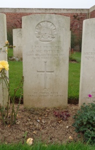 Archibald McIntyre's headstone at Puchervillers British Cemetery, France (Photograph: S & H Thompson 5/9/2014)
